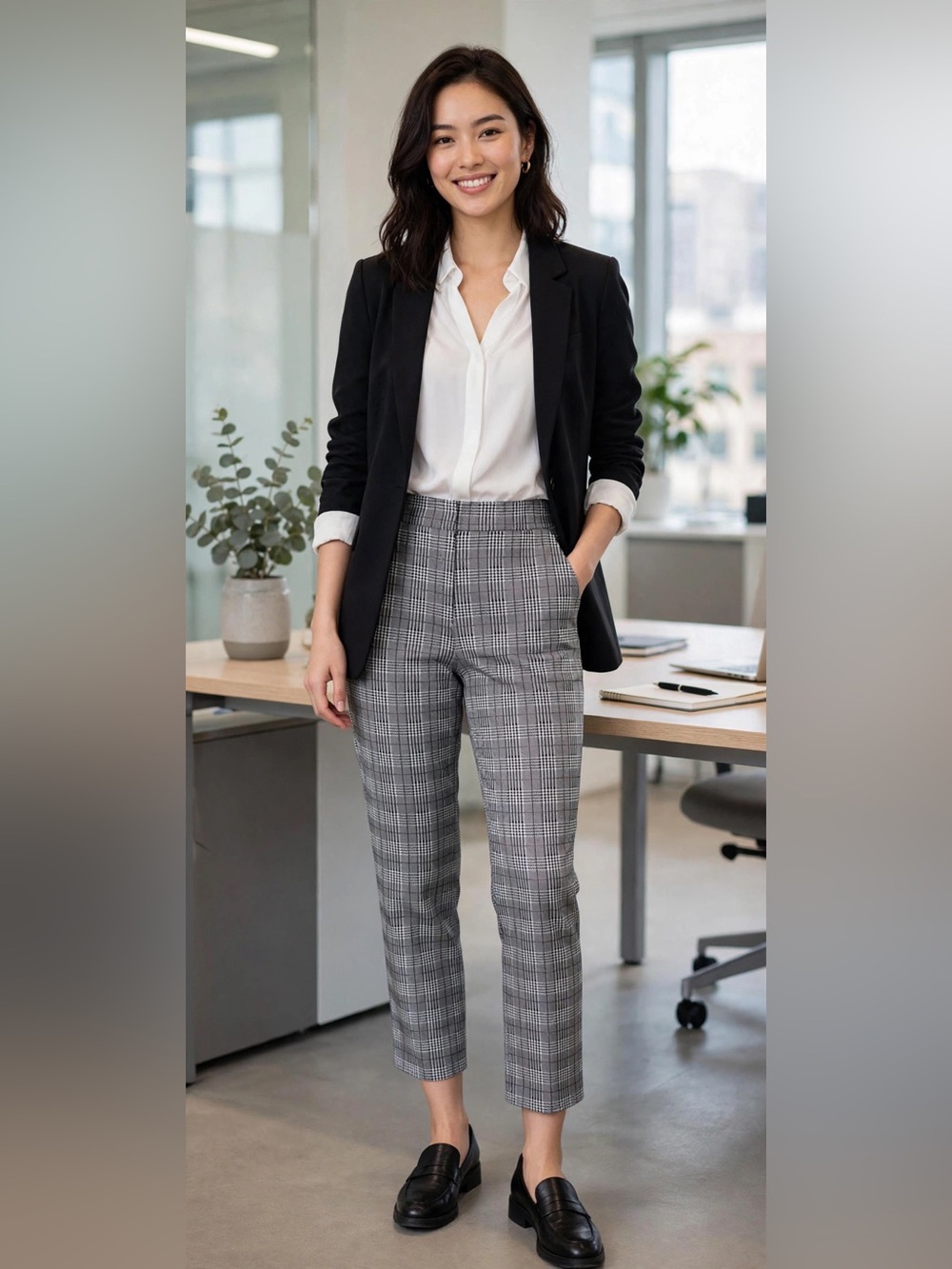 Hem & Thread Black and Gray Glen Plaid Straight Leg Pants